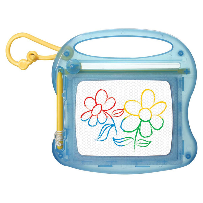 The On the Way Games Magnetic Color Mini Sketch is a blue drawing board with a yellow stylus, displaying red, yellow, blue, and green flower doodles. This reusable pad has a carrying handle and yellow string for travel.