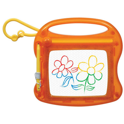 The On the Way Games Magnetic Color Mini Sketch, by On the Way Games, is an orange reusable pad with a yellow stylus, displaying two colorful flowers and leaves—an ideal travel drawing board for creative kids on the go.