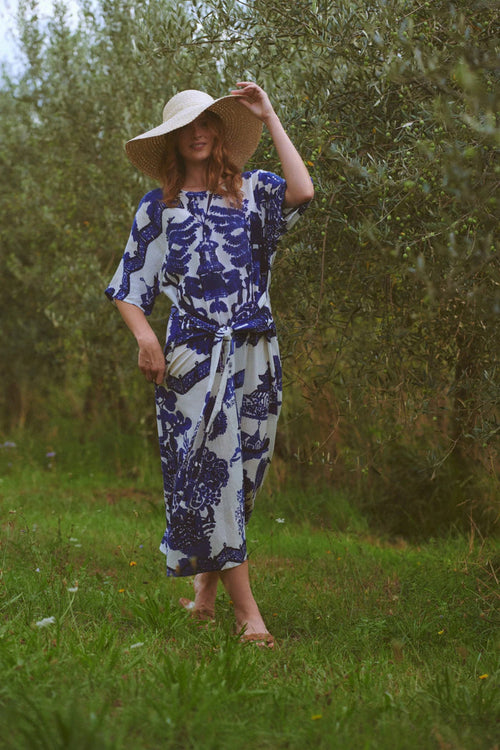 Model wearing One Hundred Stars DOBGIWBLU Giant Willow Blue Obi Dress by One Hundred Stars shop Dotique online