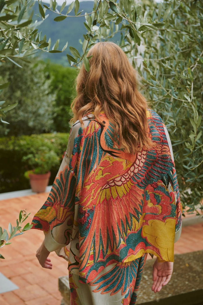 Crane Stone kimono by One Hundred Stars in a premium modal-cupro blend. Lightweight, fluid and perfect for layering over dresses or tops. Shop at Dotique.