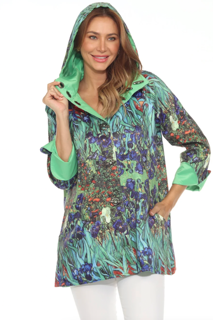 Oopera J2239RW-8 Reversible Rain Coat Irises Vincent Van Gogh worn by model Shop Oopera at Dotique
