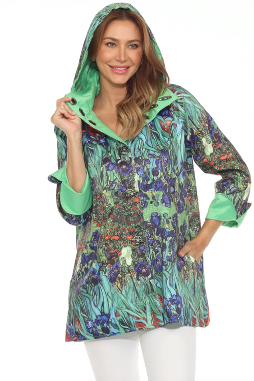 Oopera J2239RW-8 Reversible Rain Coat Irises Vincent Van Gogh worn by model Shop Oopera at Dotique