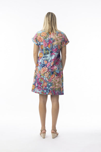 Rear view of model wearing Orientique 20136 Ikebana Dress Reversible Short Sleeve Print by orientique, shop orientique at Dotique