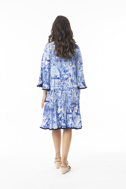 Rear view of model wearing Orientique 40188 Okayama Dress Layers Frill Sleeve Print by orientique, shop orientique at Dotique