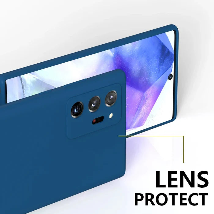 Blue smartphone with a triple camera setup and a screen displaying purple hues.