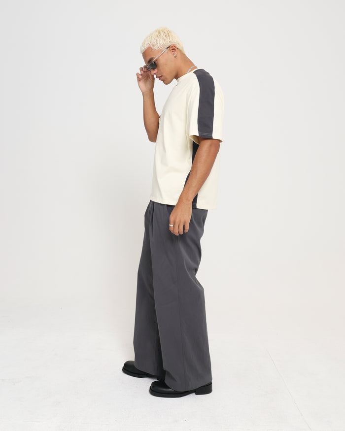 PANELLED CROP TEE - Cream / Charcoal