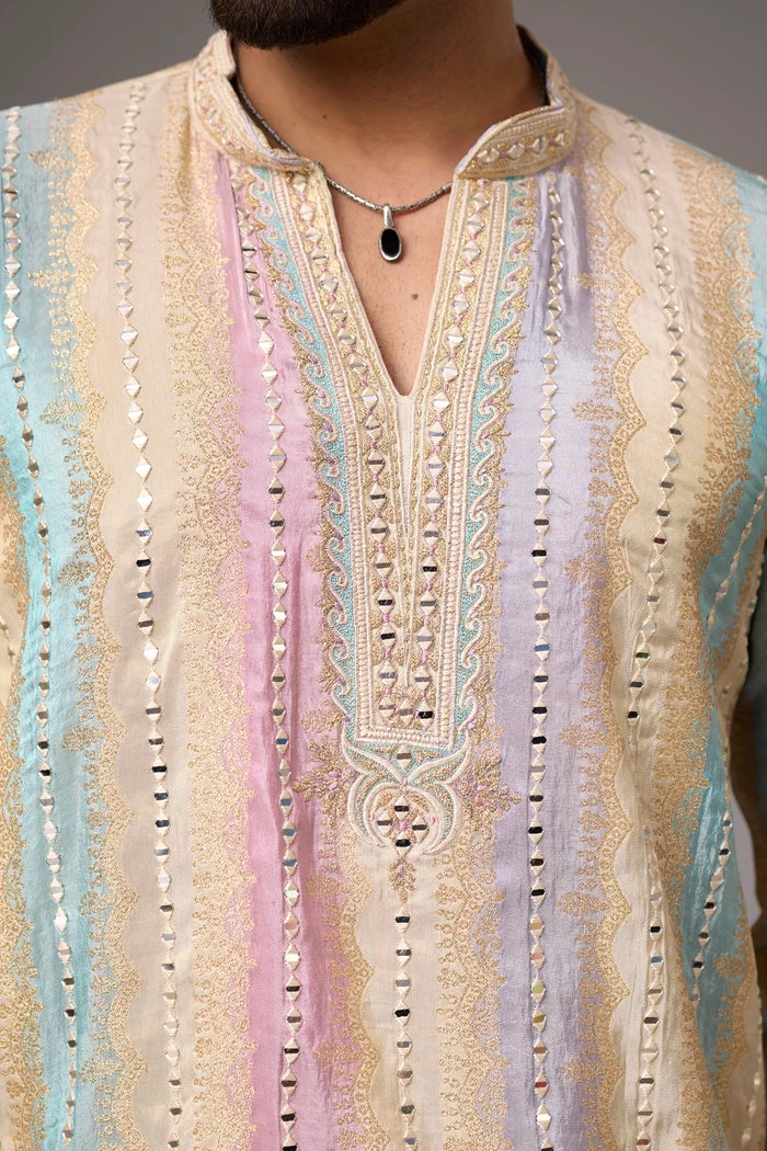 Pastel Multicolour Heritage Kurta Set for Men – Full Length View | Mahavir NX