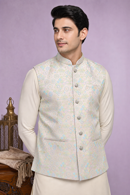 Pastel Printed Nehru Koti for Men – Wedding Wear | Mahavir NX