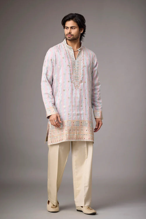Pastel Rose Zari Motif Kurta Set for Men | Mahavir NX