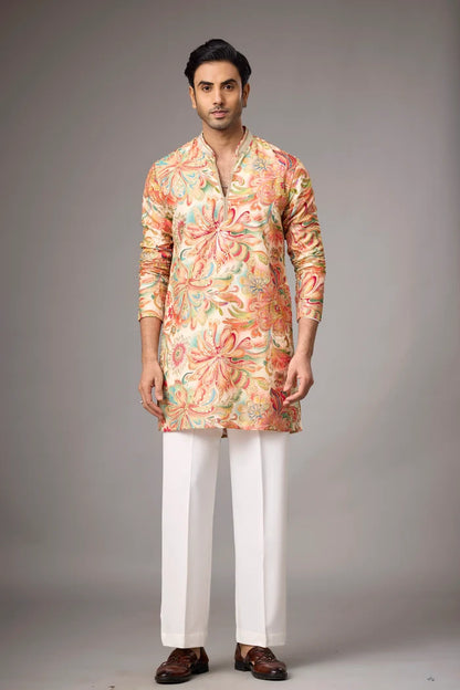 Peach Garden Floral Printed Kurta Set for Men | Mahavir NX