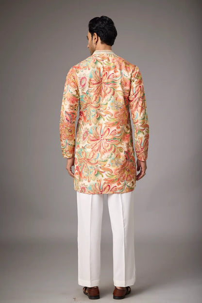 Peach Garden Floral Kurta Pajama Set – Front View | Mahavir NX