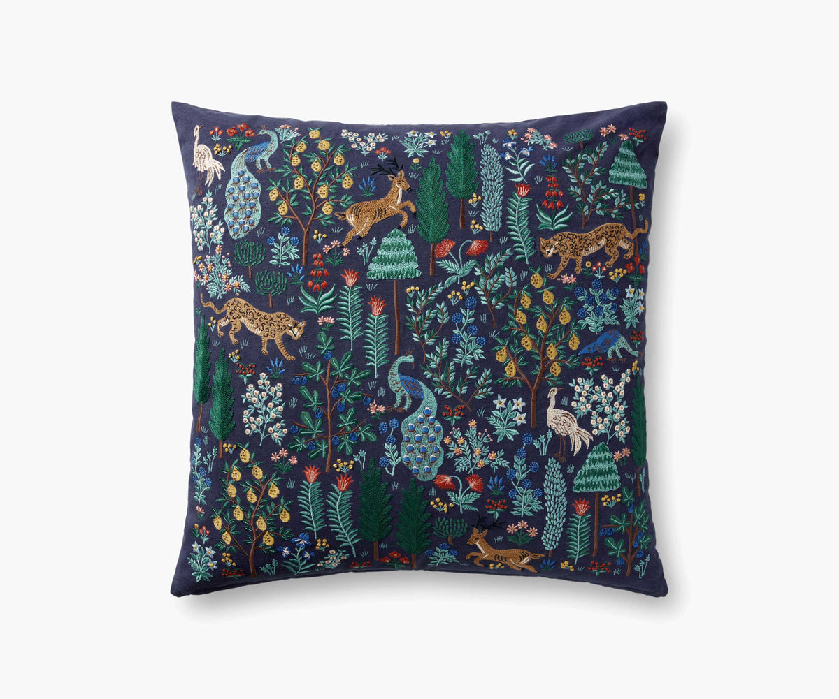 Menagerie Forest Embroidered Pillow - Navy