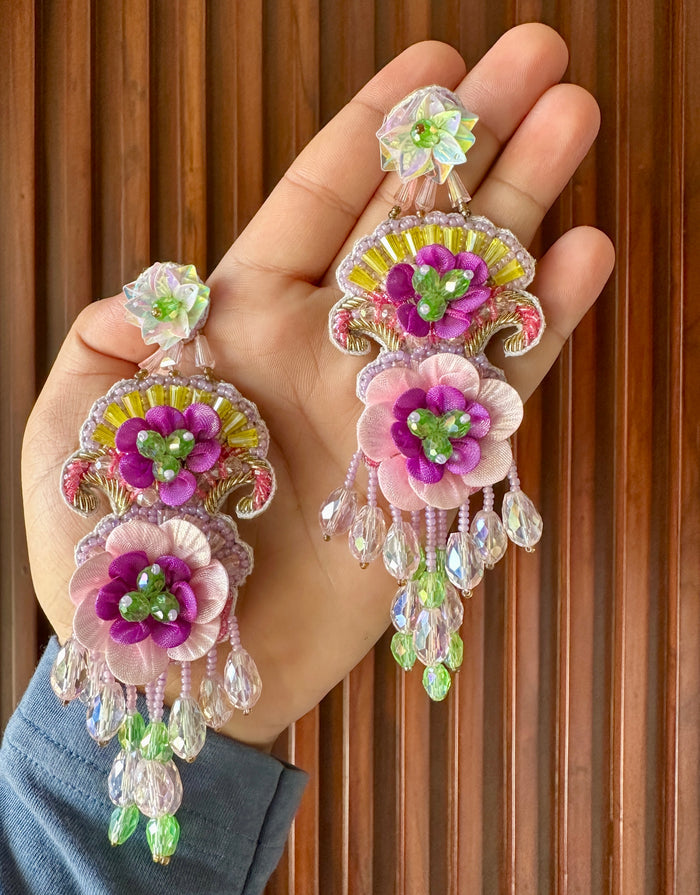 Pink & Purple Handmade Floral Beaded Chandelier Earrings