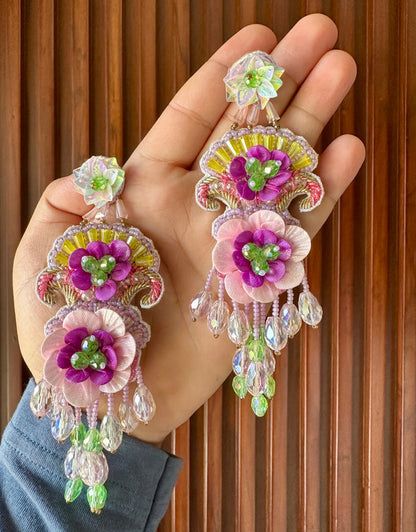 Pink & Purple Handmade Floral Beaded Chandelier Earrings
