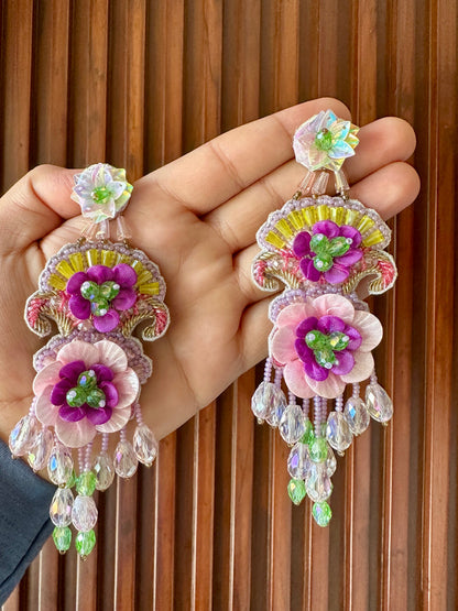 Pink & Purple Handmade Floral Beaded Chandelier Earrings