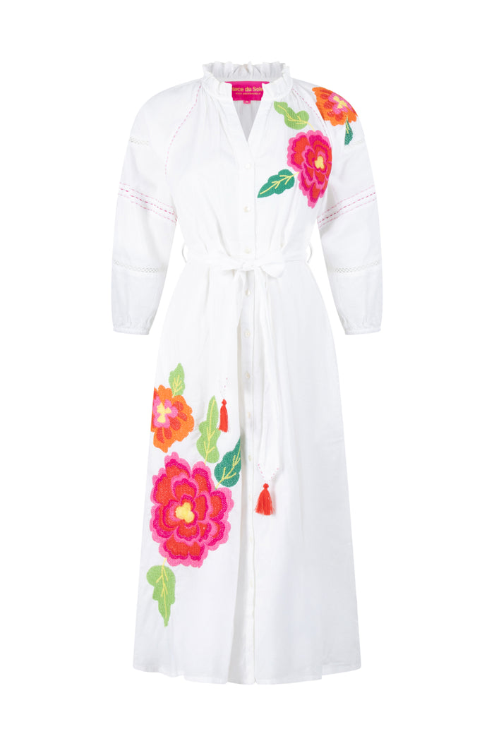 Place Du Soleil White Long Dress With Large Embroidered Flower S26-338 by Place du Soleil, shop Place du Soleil at Dotique