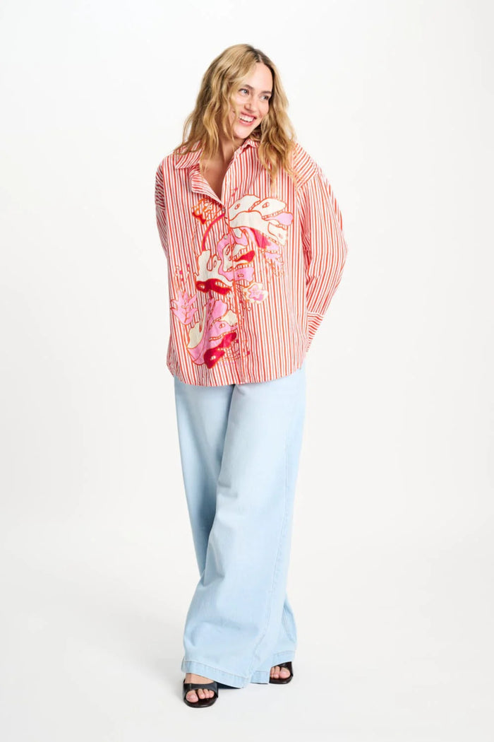 Woman wearing Pom Amsterdam SP9503 Blouse Poplin Striped Orange by Pom Amsterdam, shop Pom Amsterdam at Dotique for fresh style