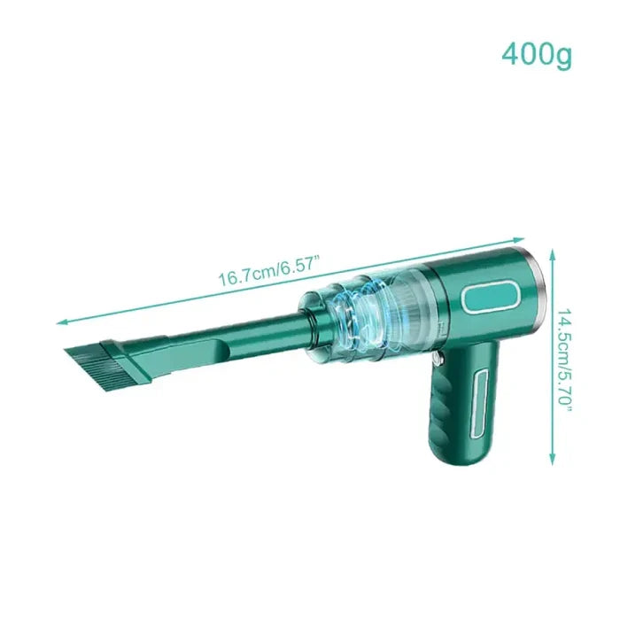 a close up of a green vacuum cleaner with a measuring line
