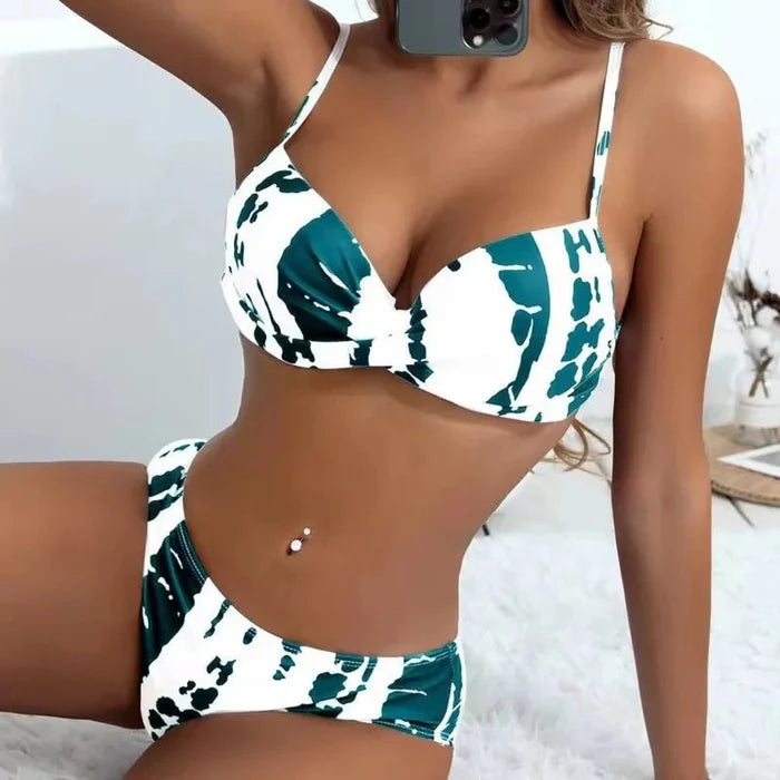 Green leaf patterns vibrant tie-dye push-up underwire Brazilian bikini women FTF Market UK