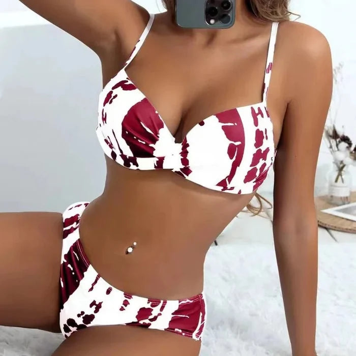 Red and white patterned vibrant tie-dye push-up underwire Brazilian bikini women FTF Market UK