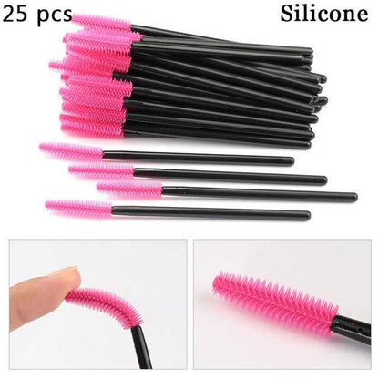 A collection of disposable eyelash brushes in various colors including black, pink, purple, blue, and white, with plastic handles.