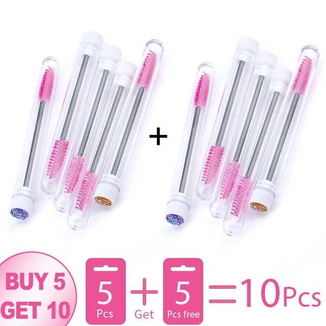 A collection of disposable eyelash brushes in various colors including black, pink, purple, blue, and white, with plastic handles.