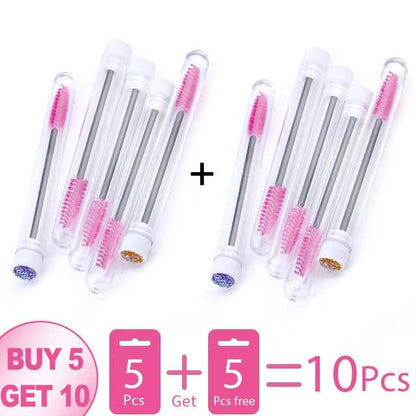 A collection of disposable eyelash brushes in various colors including black, pink, purple, blue, and white, with plastic handles.