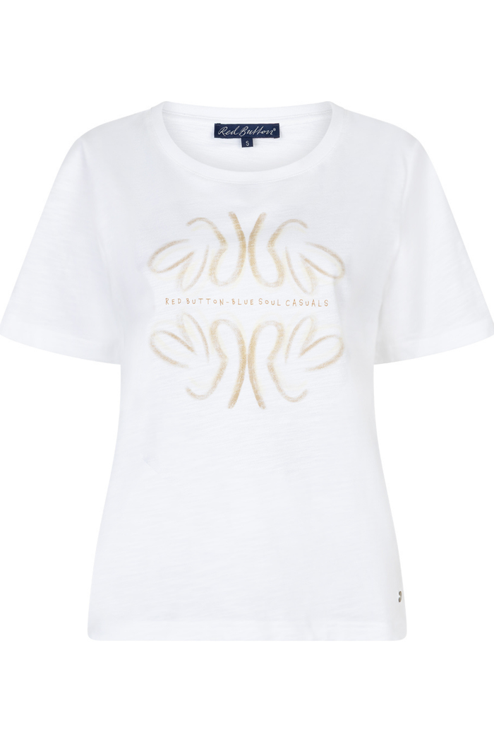 Front view of Red Button SRB4818 Tee Temmy Butterfly White/Butteryellow with abstract beige design by Red Button shop at Dotique
