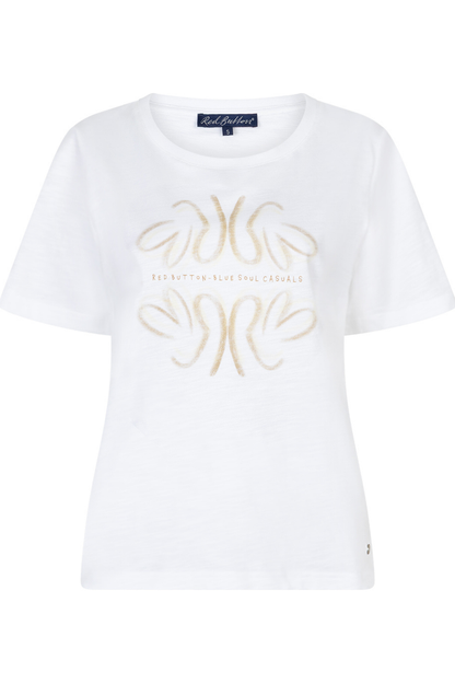 Front view of Red Button SRB4818 Tee Temmy Butterfly White/Butteryellow with abstract beige design by Red Button shop at Dotique