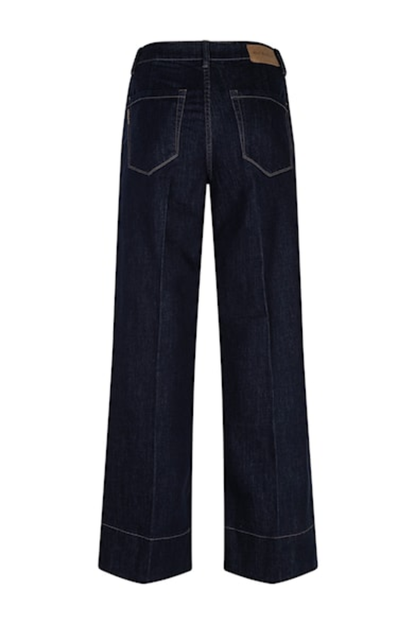 dark blue wide-leg jeans back view with pockets and leather patch Shop the Dotique at Dotique
