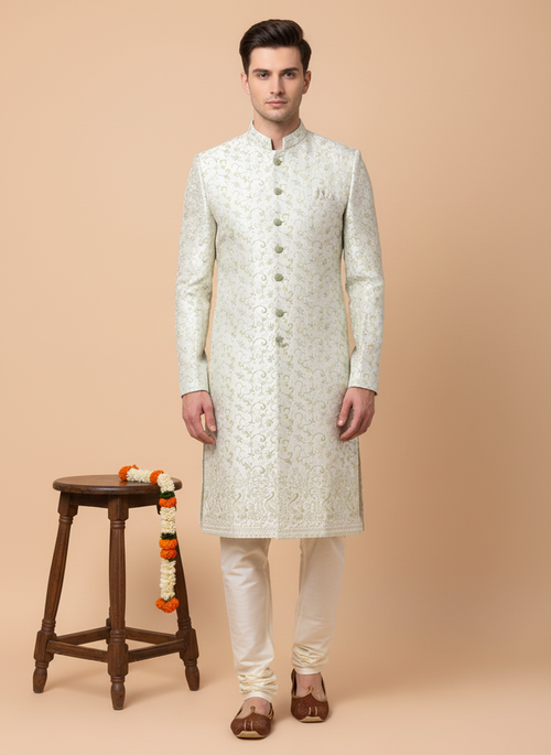 Regal Ivory Cream Jacquard Wedding Indo Western for Men | Mahavir NX