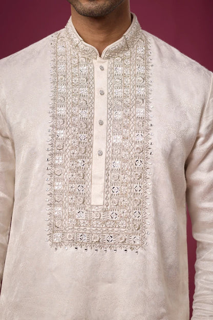 Premium Pearl Embroidered Ivory Ethnic Kurta – Full Length View | Mahavir NX