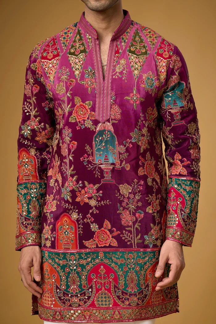 Designer Magenta Floral Ethnic Kurta Set – Side View | Mahavir NX