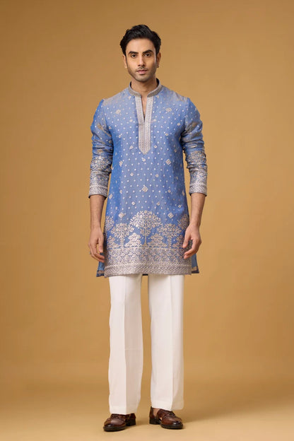 Regal Powder Blue Tree Motif Embroidered Kurta Set for Men | Mahavir NX