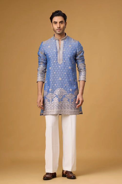 Regal Powder Blue Tree Motif Embroidered Kurta Set for Men | Mahavir NX