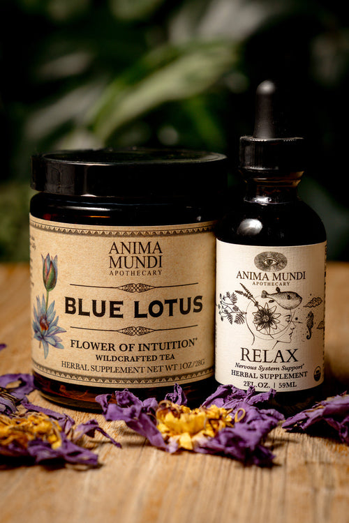 Two Anima Mundi products, a jar labeled 'Blue Lotus' and a bottle labeled 'Relax', on a wooden surface with dried flowers.
