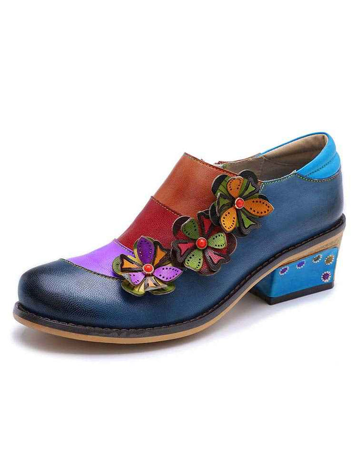 Retro Flowers Splicing Genuine Leather Flat Shoes