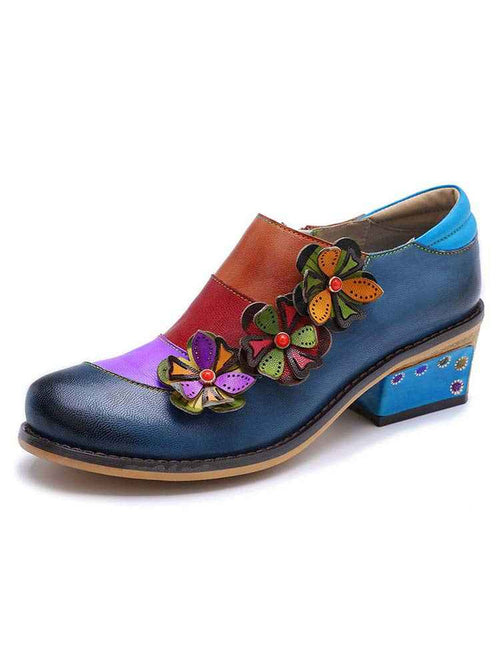 Retro Flowers Splicing Genuine Leather Flat Shoes
