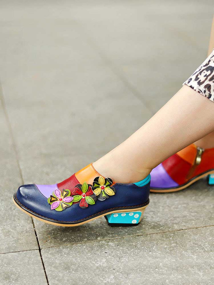 Retro Flowers Splicing Genuine Leather Flat Shoes