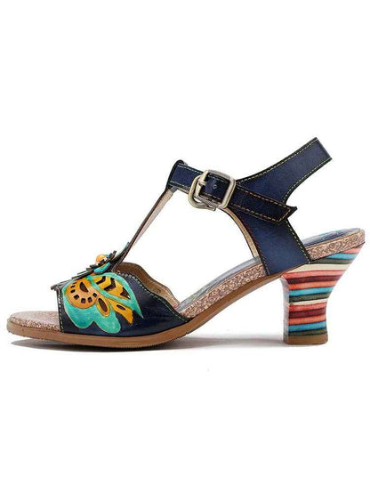 Retro Handmade Colored Stripe Heel Comfy Sandals