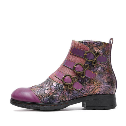 Retro Handmade Leather Painted Floral Flats Boots