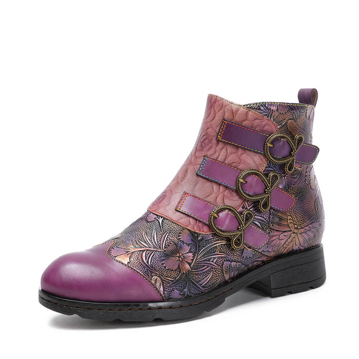 Retro Handmade Leather Painted Floral Flats Boots