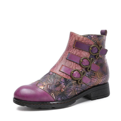 Retro Handmade Leather Painted Floral Flats Boots
