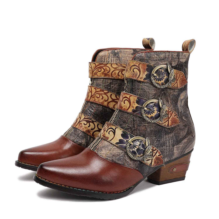 Retro Handmade Vintage Embossed Buckle Leather Boots