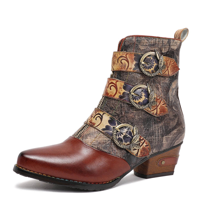 Retro Handmade Vintage Embossed Buckle Leather Boots