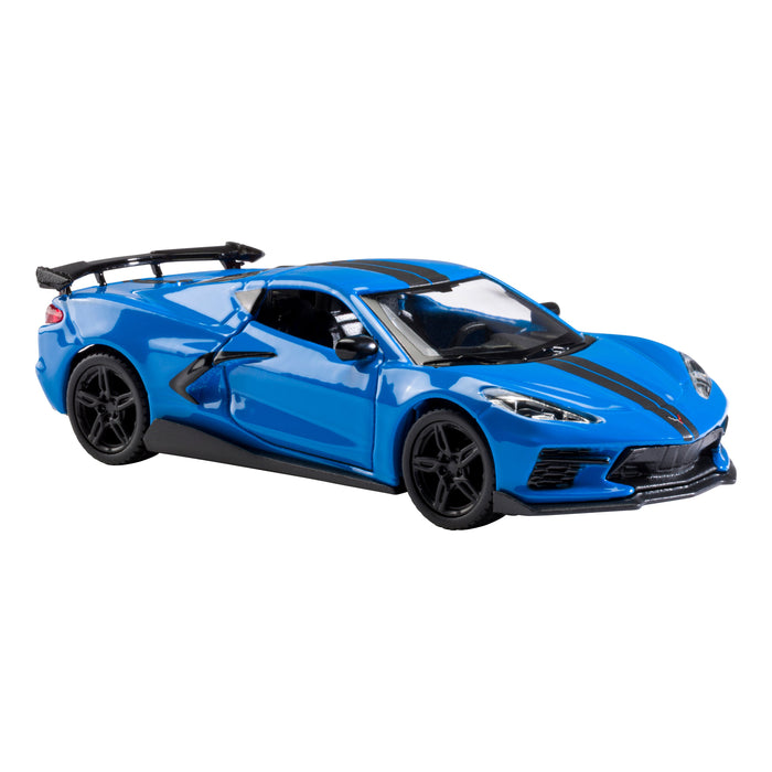 The Rollin' Die Cast Chevrolet Corvette by Rollin' features a blue body, black racing stripes, black wheels, and a rear spoiler, displayed from a front side angle on a white background.