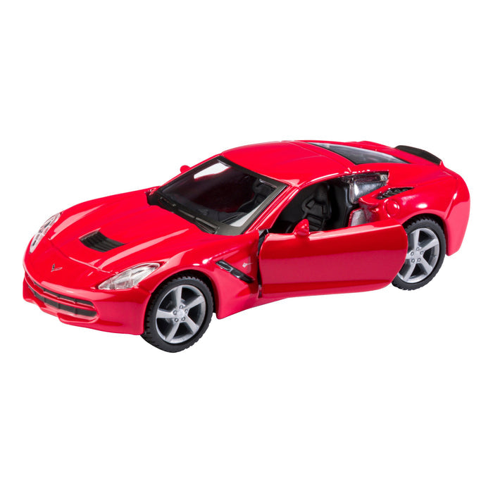 The Rollin' Die Cast Chevrolet Corvette by Rollin' features a red finish, an open driver’s side door revealing detailed black seats and interior, making it ideal for collectors and fans of pull-back action vehicles.