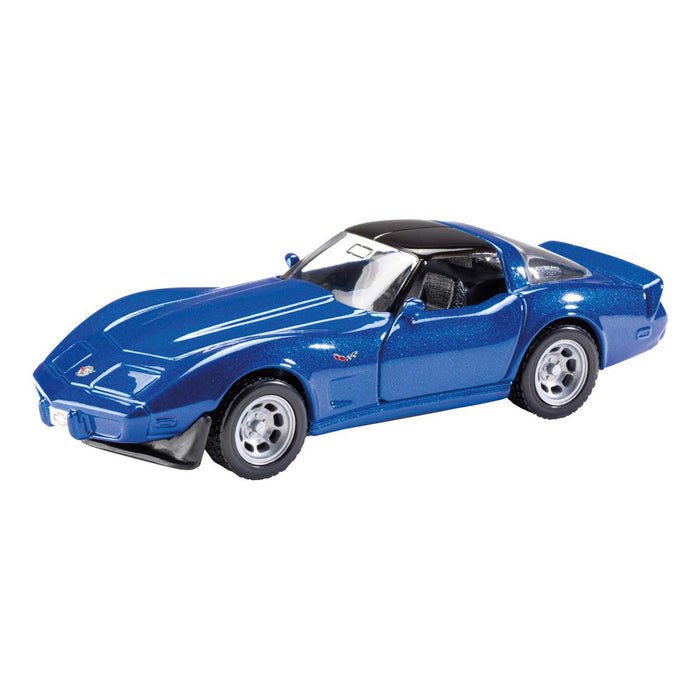The Rollin' Die Cast Chevrolet Corvette by Rollin' is a blue two-door sports coupe model with silver wheels and realistic details, shown from a front-side angle on a white background.