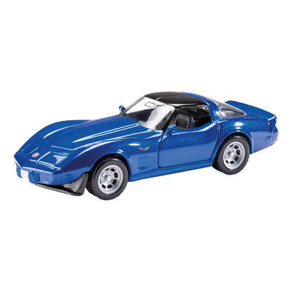 The Rollin' Die Cast Chevrolet Corvette by Rollin' is a blue two-door sports coupe model with silver wheels and realistic details, shown from a front-side angle on a white background.