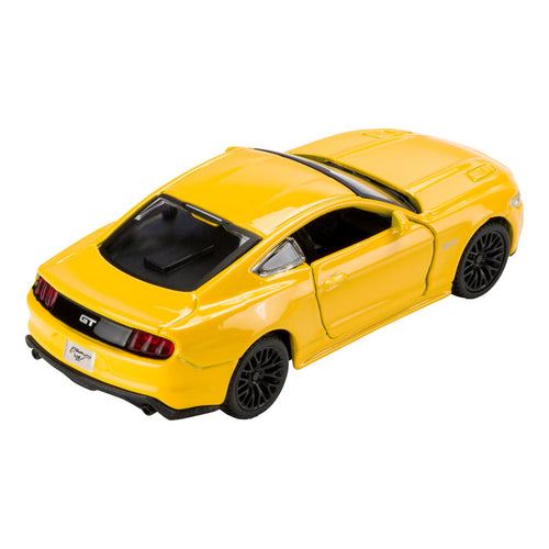 The Rollin' Ford Mustang Assortment features a yellow toy sports car by Rollin', shown from the rear left with detailed black wheels, an open driver’s door, GT markings on the back, and classic pull-back racing action.